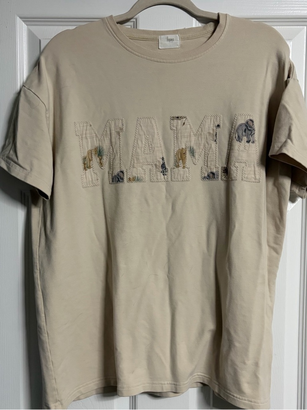 Neutral Beige 'MAMA' Embroidered Short Sleeve Tee